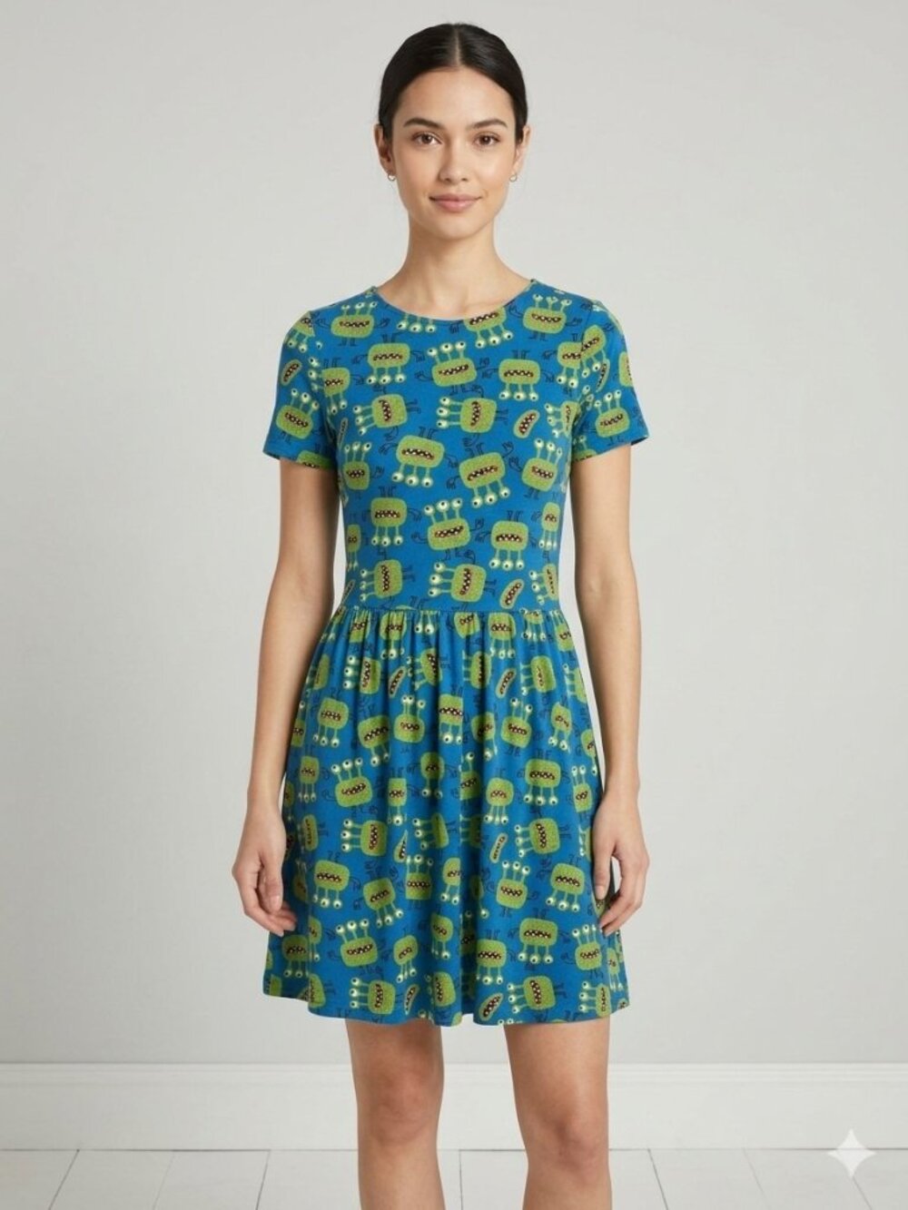 Modcloth Monster Alien Short Sleeves Skater Aline Jersey Dress XS Blue Green